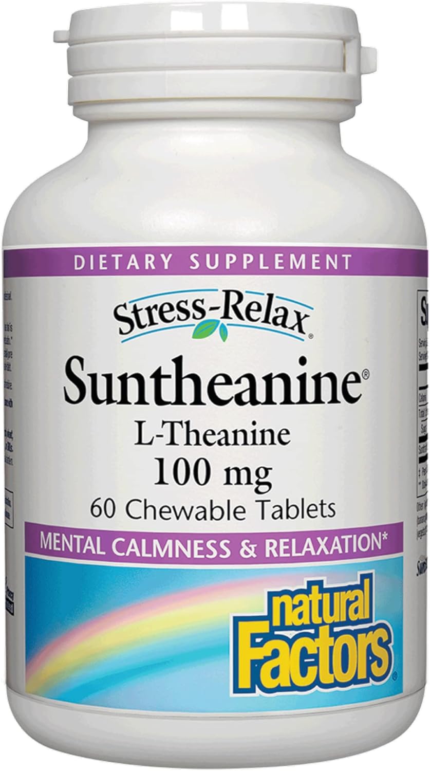 Stress-Relax Chewable Suntheanine L-Theanine 100 mg by Natural Factors, Non-Drowsy Stress Support for Mental Calmness and Relaxation, Tropical Fruit Flavor, 60 Tablets