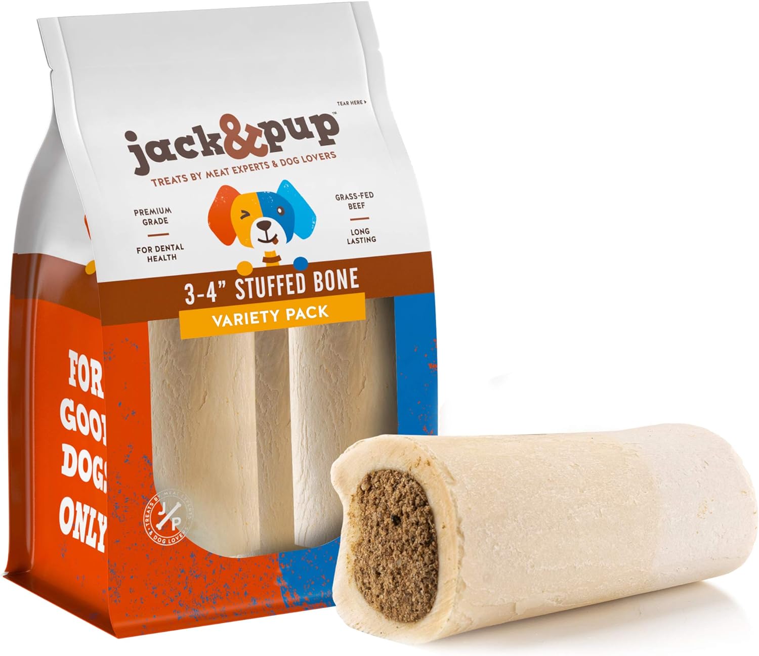 Jack&Pup Filled Dog Bones for Aggressive Chewers, 3-to-4-Inch Dog Chew Treats Dog Bone. (Flavors: Peanut Butter, Bacon & Cheese, Bully Sticks). All Natural Dog Bones - Variety 3 Pack