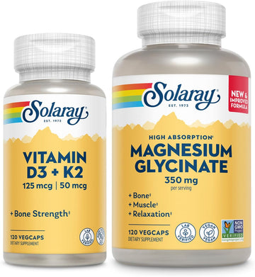 Solaray Vitamin D3 K2 And Magnesium Glycinate - Bone Health Bundle - Calcium Absorption, Nerve, Heart And Immune Support W/ 5000 Iu Vitamin D, 350Mg Chelated Magnesium, 60-Day Guarantee, 120Ct/120Ct