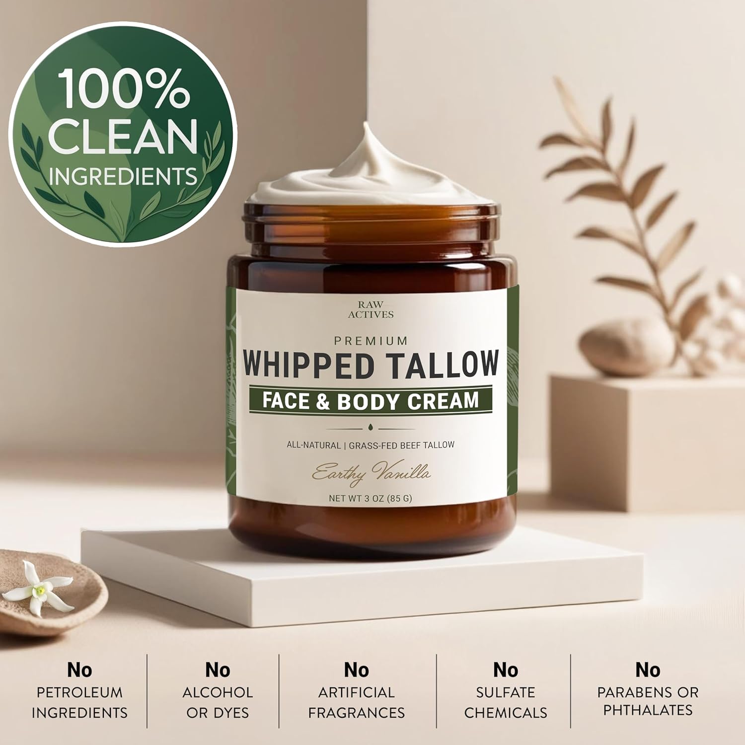 Raw Actives Beef Tallow For Skin Care - 100% Grass Fed Grass Finished With Organic Jojoba, Prickly Pear, Rosehip, Tamanu Oils, Neroli, Vanilla & Manuka Honey : Beauty & Personal Care