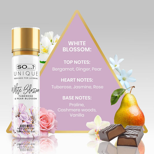 So…? Unique White Blossom Body Mist - Floral Vanilla Perfume For Women - Over 800 Sprays, Lasting 6 Hours - Ideal Gifts For Women - 5.1 Oz