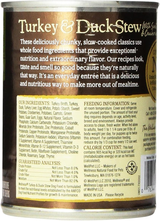 Wellness Complete Health Thick & Chunky Natural Grain Free Canned Wet Dog Food, Turkey & Duck Stew, 12.5-Ounce Can (Pack Of 12)