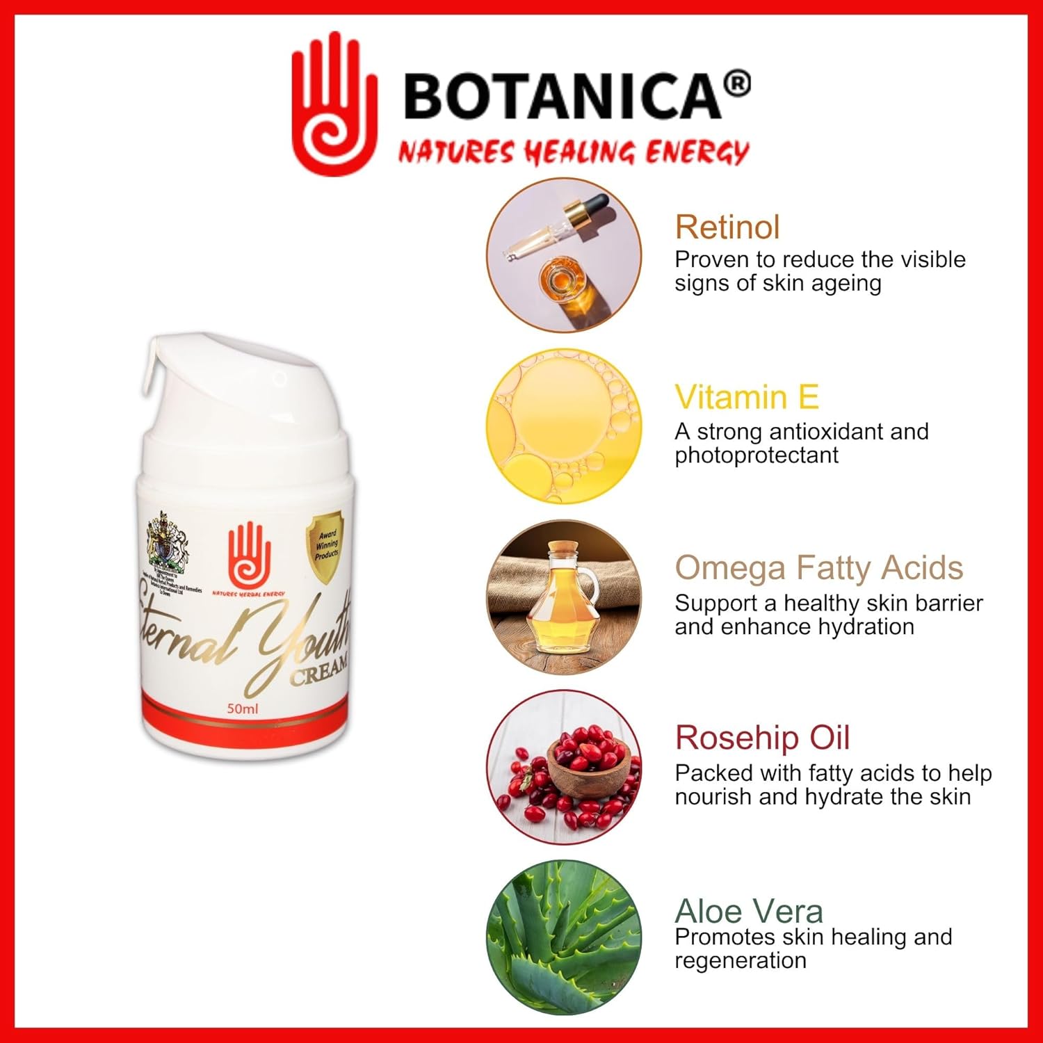 Botanica Eternal Youth Cream 50Ml - Retinol Face Moisturiser With Aloe Vera, Rosehip Oil, Vitamin E & D, Omega 3 - Non-Greasy, Hydrating & Anti-Aging Night Cream - Vegan & Cruelty-Free