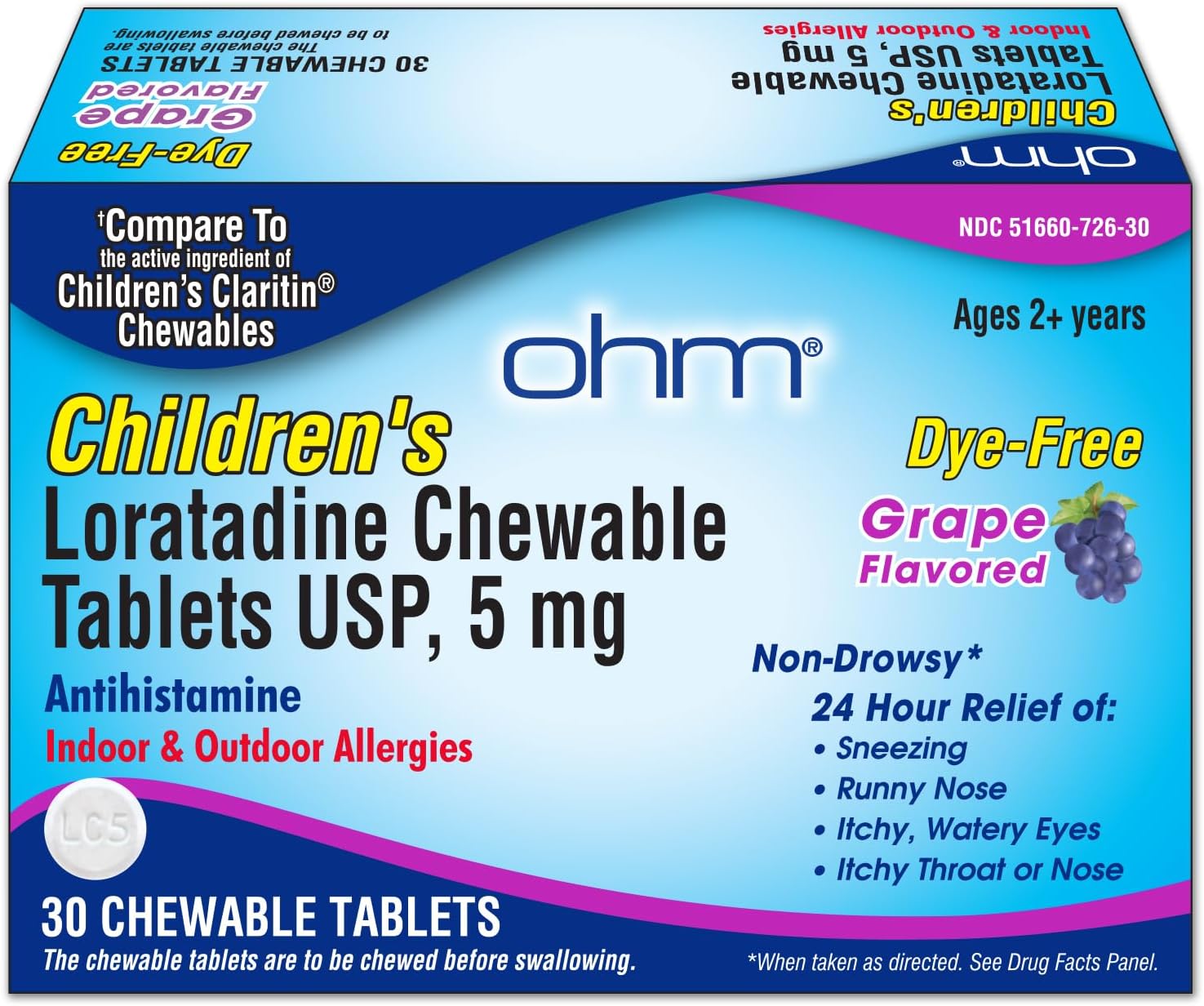 Ohm Children'S Allergy Chewable Tablets - Dye Free, Grape Flavor, Non-Drowsy 24 Hour Relief, Antihistamine For Indoor & Outdoor Allergies - 30 Tablets