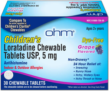 Ohm Children'S Allergy Chewable Tablets - Dye Free, Grape Flavor, Non-Drowsy 24 Hour Relief, Antihistamine For Indoor & Outdoor Allergies - 30 Tablets