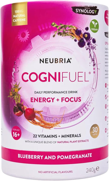 Neubria Cognifuel | 30 Hydration Sachets, Gym & Workout Energy Drink With Electrolytes, Caffeine, L-Theanine, Choline, L-Tyrosine & Vitamins, Improves Cognition, Focus, Blueberry & Pomegranate