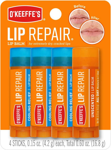 O'Keeffe's Lip Repair Lip Balm for Dry, Cracked Lips, Stick, (Pack of 4: 3 Cooling + 1 Unscented)