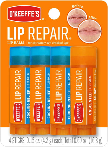 O'Keeffe'S Lip Repair Lip Balm For Dry, Cracked Lips, Stick, (Pack Of 4: 3 Cooling + 1 Unscented)