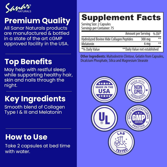 Sanar Naturals Collagen Pills Beauty Sleep With Melatonin 6 Mg - Boost Hair Skin Nails Joints - Hydrolyzed Collagen For Women And Men, Collagen Peptides Supplement, 150 Capsules