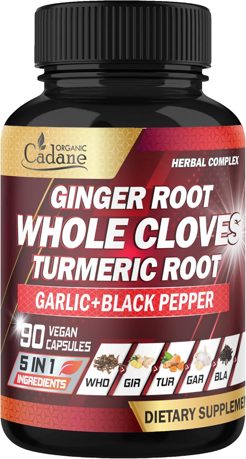 Organic Cadane 5-In-1 Whole Cloves Herbal Blend | Digestive & Immune Support | Clove, Ginger, Turmeric, Garlic, And Black Pepper | Non-Gmo, Vegan – 90 Capsules – 45-Day Supply