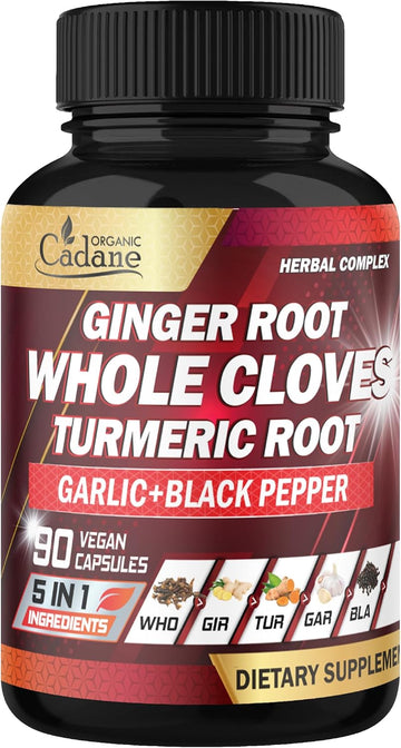 Organic Cadane 5-In-1 Whole Cloves Herbal Blend | Digestive & Immune Support | Clove, Ginger, Turmeric, Garlic, And Black Pepper | Non-Gmo, Vegan – 90 Capsules – 45-Day Supply