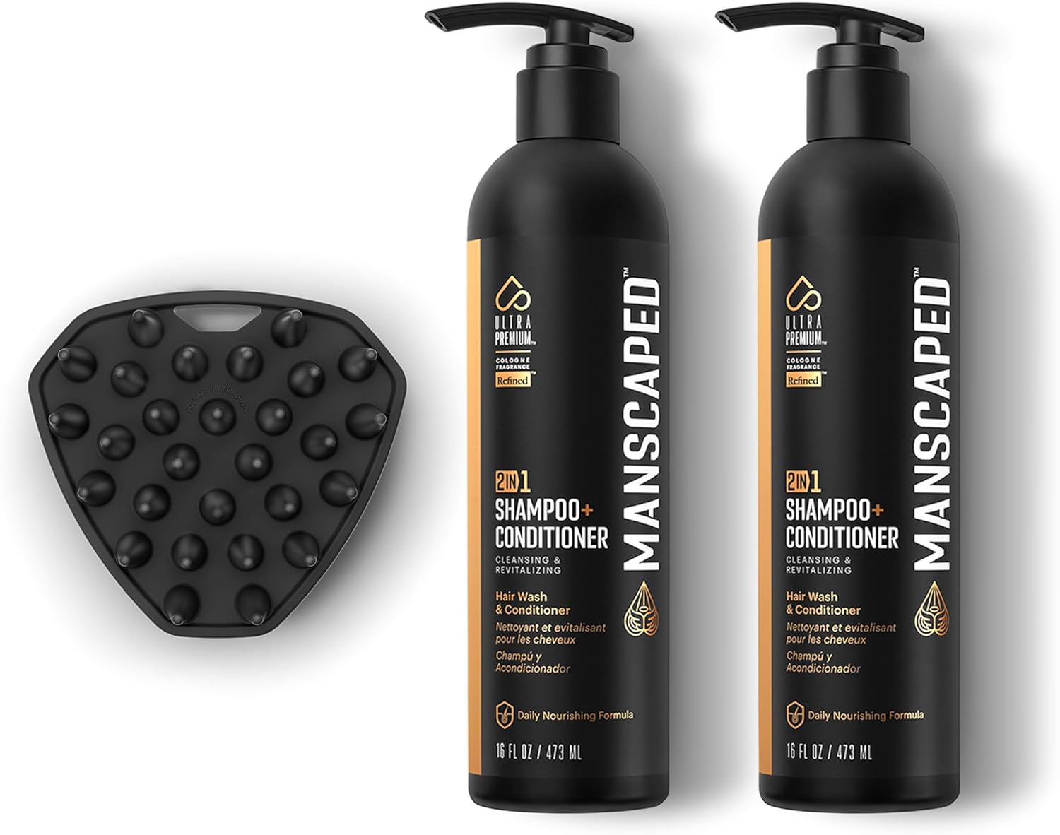 Manscaped® Scalp Buffer Bundle Shower Kit Including Our Men’S Silicone Head Scrubber & Two 16Oz Bottles Of Refined® 2 In 1 Shampoo & Conditioner Infused With Aloe For Nourishing And Hydrating Hair