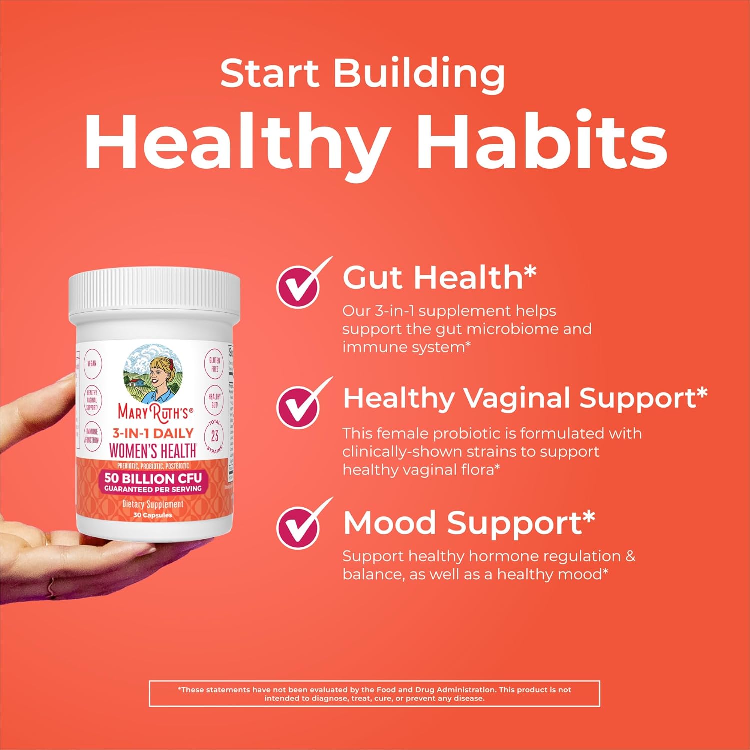 Maryruth Organics 3-In-1 Daily Health Probiotics For Women | Clinically Tested | Hormone Support & Gut Health Supplement | 50 Billion Cfu | Allergen Free | 30 Ct : Health & Household