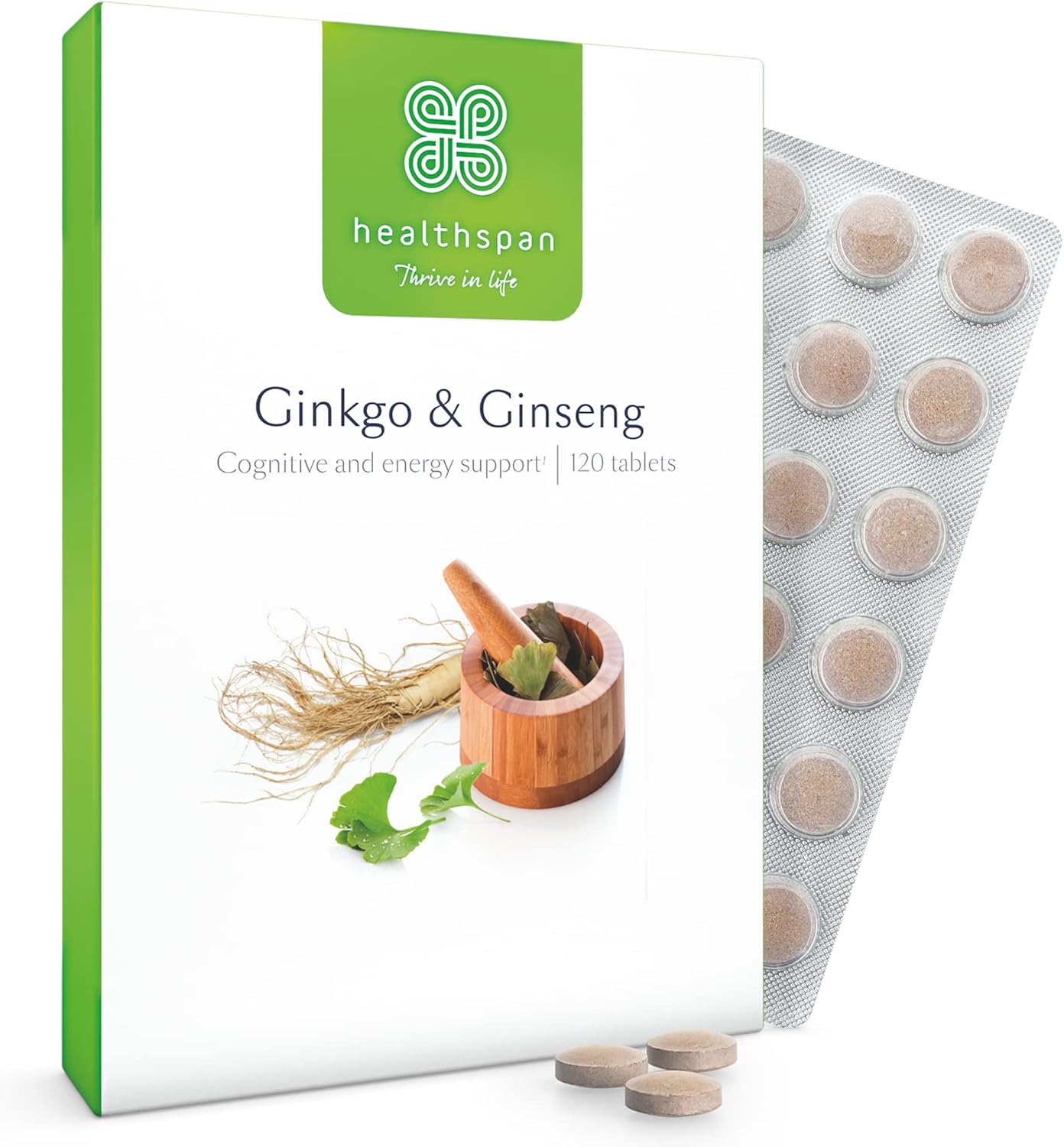 Healthspan Ginkgo & Ginseng Cognitive Support | 120 Tablets | Ginkgo Biloba | Panax Ginseng Extracts | Iodine | Vitamin B3 | Vitamin B5 | Vegan