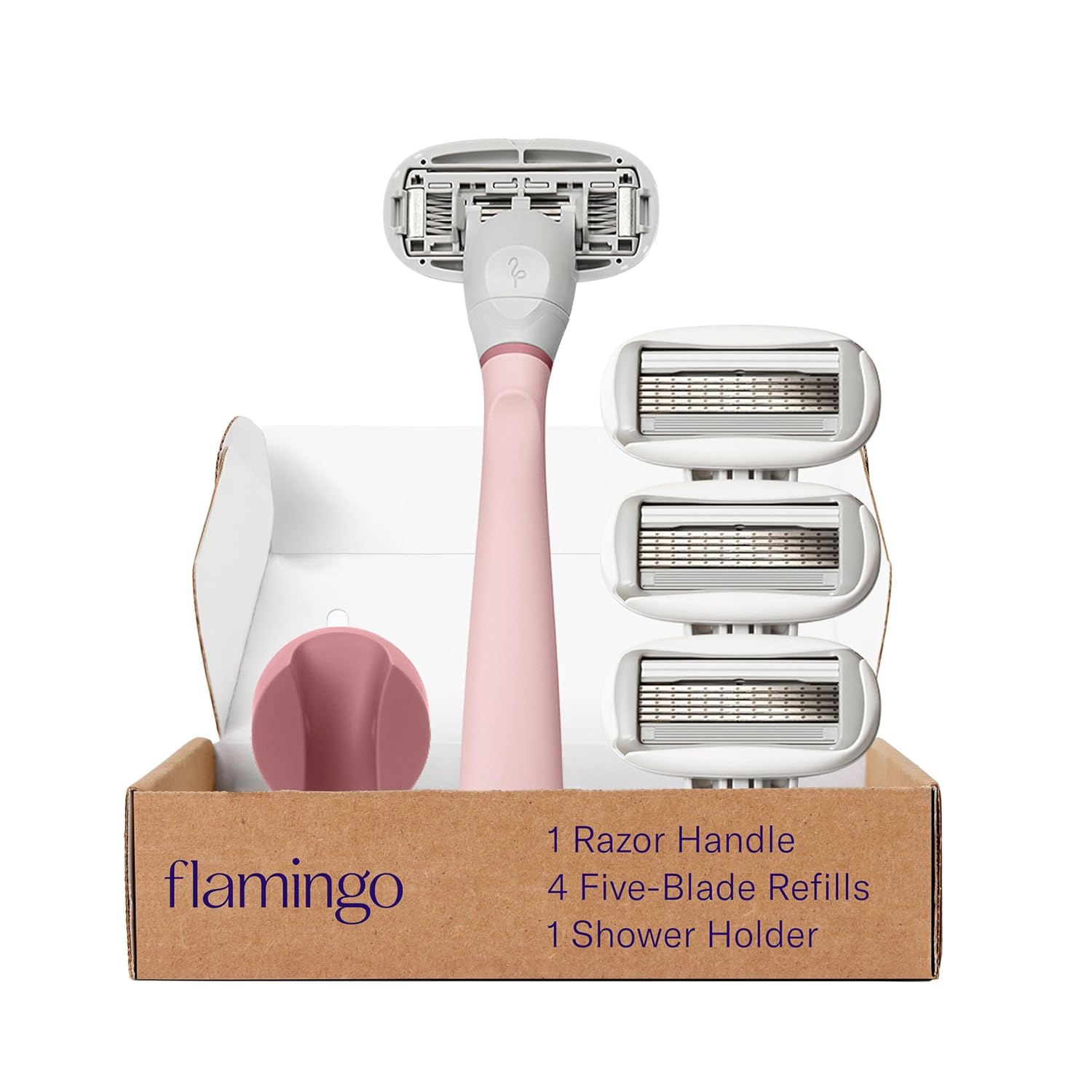 Flamingo 5-Blade Razors For Women - 1 Razor Handle + 4 5-Blade Refills + 1 Shower Holder - Rose