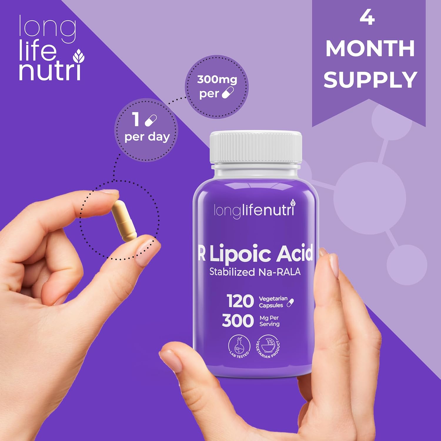 Longlifenutri Stabilized R-Alpha Lipoic Acid 300Mg – High Potency Na-Rala Supplement For Cellular Energy & Metabollic Function, 120 Vegetarian Capsules, 4-Month Supply, Gmp Certified, Made In Usa : Health & Household