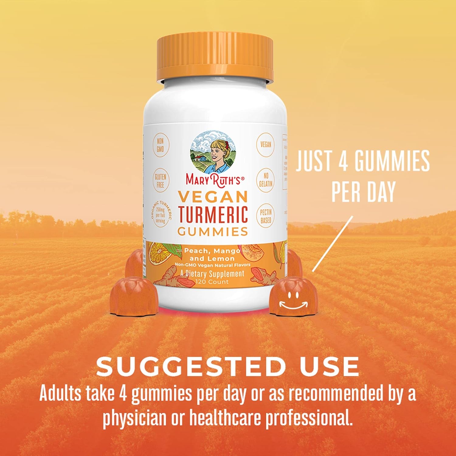 MaryRuth Organics Turmeric Gummies | Organic Turmeric Curcumin Extract | Chewable Turmeric Supplement | Vegan | Non-GMO | Gluten Free | Peach | Mango & Lemon Flavor | 250 mg per Serving | 120 Count : Health & Household