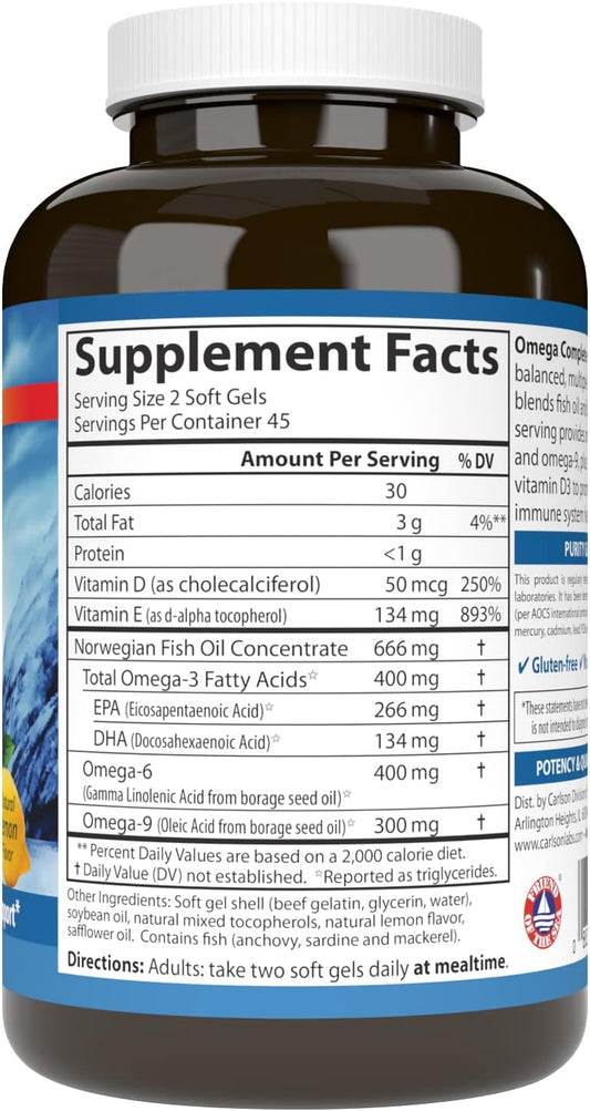 Carlson - Omega Complete Gems, Omega-3-6-9, Wild Caught, Sustainably Sourced, Heart Health, Joint Function & Immune Support, 90 Softgels