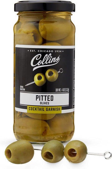 Collins Pitted Olives Popular Garnish for Cocktails, Dirty Martinis, Salads, Cheese Trays, Charcuterie, Snacks, 4oz, Black