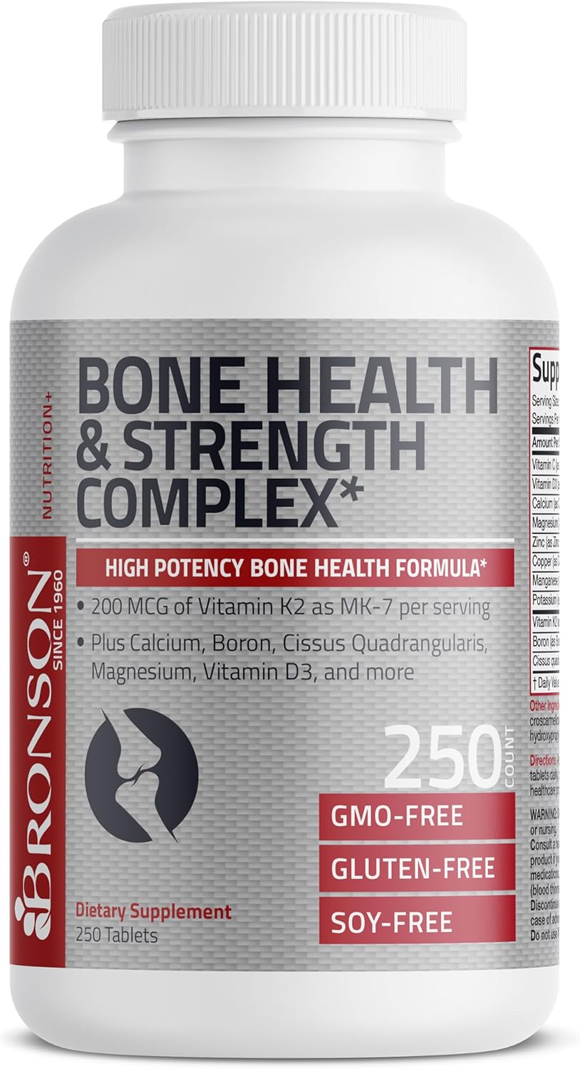 Bronson Bone Health & Strength Complex* High Potency Formula 200 Mcg Of Vitamin K2 As Mk7, Plus Calcium, Boron, Cissus Quadrangularis, Magnesium, Vitamin D3, And More - Non-Gmo, 250 Tablets
