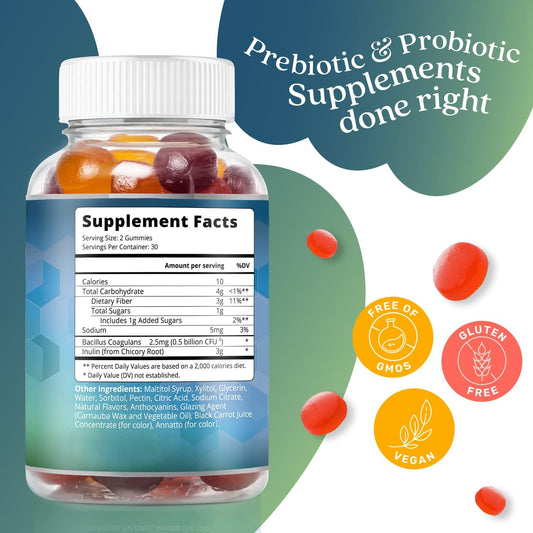Belive Synbiotics - Probiotic & Prebiotic Fiber Gummies – High Strength Inulin (3G), Dietary Fiber Supplement, Digestive Support For Kids & Adults - Strawberry, Lemon, Blueberry Flavor (60Ct)