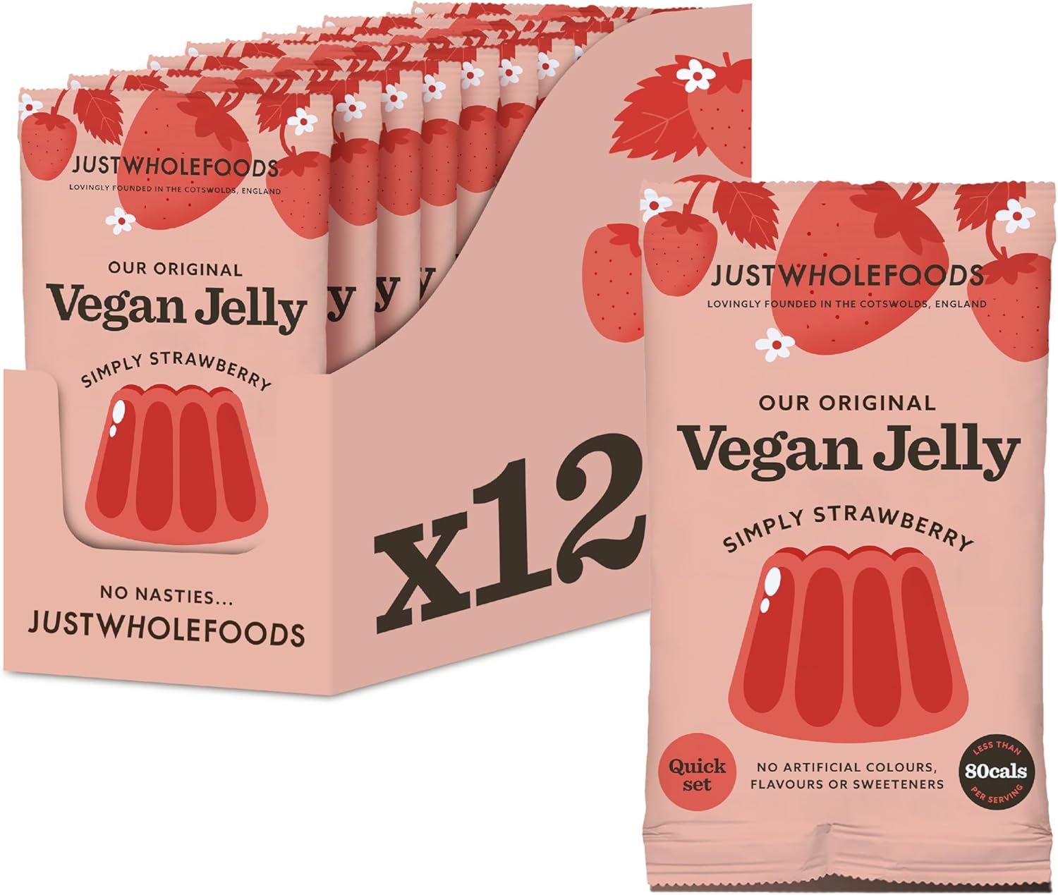 Just Wholefoods Vegan Jelly 12 X 85G | Gluten Free, Quick Set, Gelatine Free | Free From Artificial Colours And Flavouring | Makes 12 Pints Of Jelly (Strawberry)