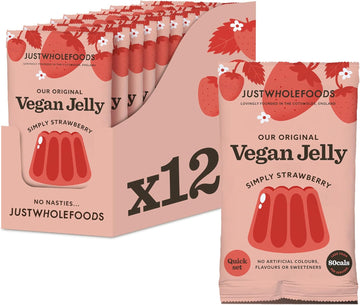 Just Wholefoods Vegan Jelly 12 X 85G | Gluten Free, Quick Set, Gelatine Free | Free From Artificial Colours And Flavouring | Makes 12 Pints Of Jelly (Strawberry)