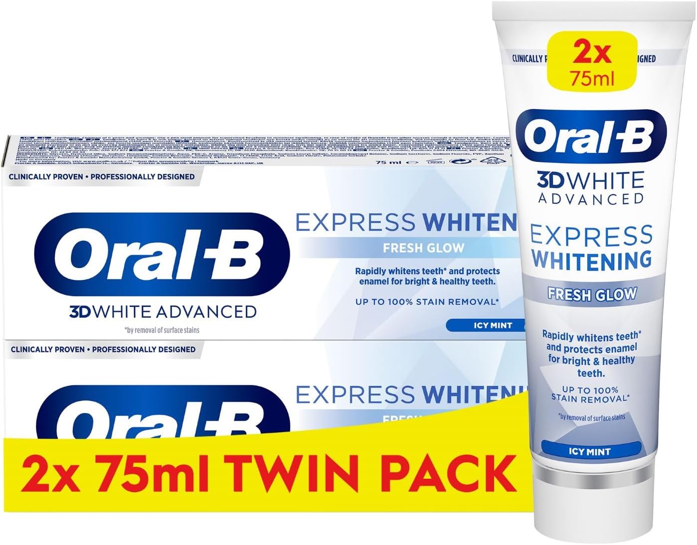 Oral-B 3D White Advanced Express Whitening Toothpaste Fresh Glow 2 X 75Ml Twin Pack