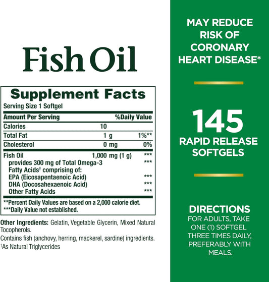 Nature'S Bounty Fish Oil, Supports Heart Health, 1000Mg, Rapid Release Softgels, 145 Ct