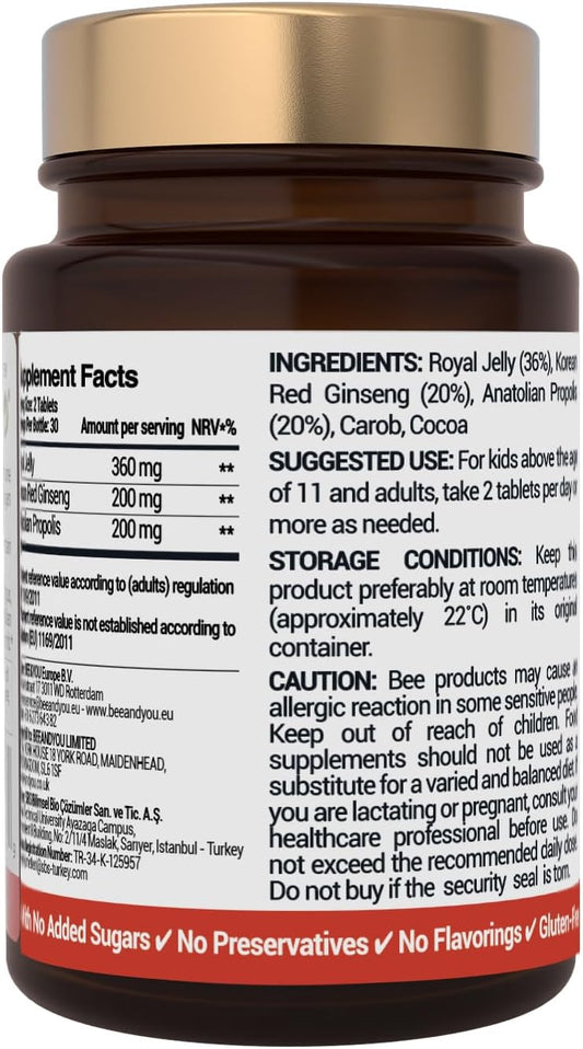 Bee And You Royal Jelly With Ginseng Tablet, Propolis Extract, 60Ct, 100% Natural Superfood, Ultra Pure, Immune Support Supplement, Antioxidants, Keto, Paleo, Gluten-Free
