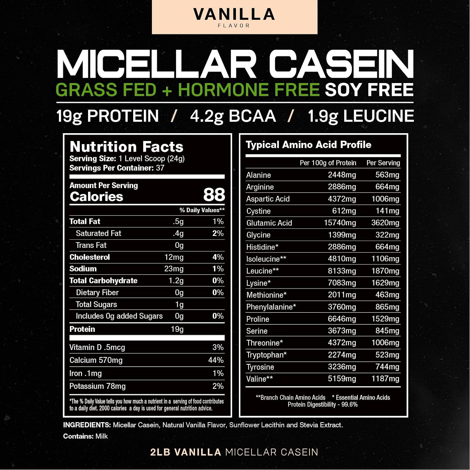 Muscle Feast Micellar Casein Protein | All Natural, Pasture Raised, Hormone Free, Soy Free Slow Absorbing Pure European Micellar Casein | 19g Protein, 88 Calories | Vanilla 2lb | 37 Servings : Health & Household