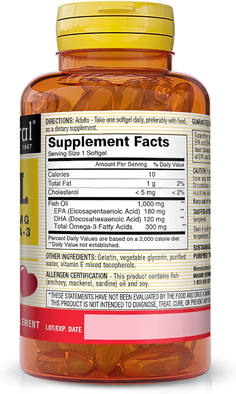 Mason Vitamins Fish Oil 1000 Mg Omega-3 Softgels, 60 Count
