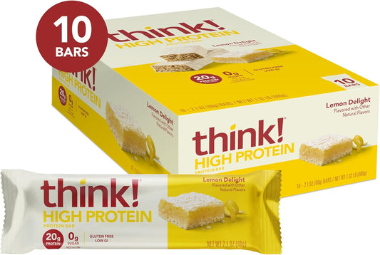 Think! Protein Bars, High Protein Snacks, Gluten Free, Kosher Friendly, Lemon Delight, Nutrition Bars, 2.1 Oz Per Bar, 10 Count (Packaging May Vary)