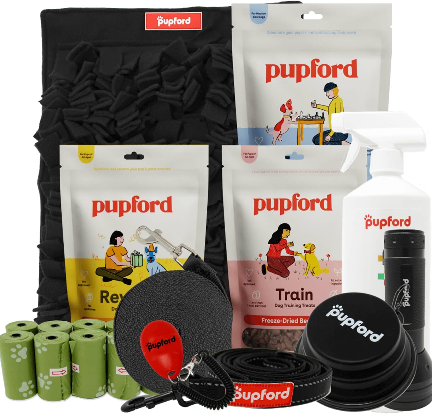 Pupford New Puppy Pack For Medium Sized Dogs, Includes Treats, Training Clicker, Snuffle Mat, Poop Bags, Leash, Oops Eraser, Black Light, Dog Lead, Flirt Pole And Collapsible Dog Bowl