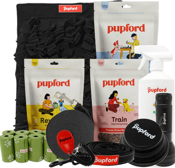 Pupford New Puppy Pack For Medium Sized Dogs, Includes Treats, Training Clicker, Snuffle Mat, Poop Bags, Leash, Oops Eraser, Black Light, Dog Lead, Flirt Pole And Collapsible Dog Bowl