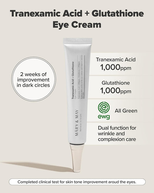 Mary&May Tranexamic Acid + Glutathione Eye Cream - Powerful Antioxidant, Reduces Dark Circles In The Eye, Improve Uneven Skin Tone With Vitamin C - Suitable For Morning And Night Use, 1.01 Oz