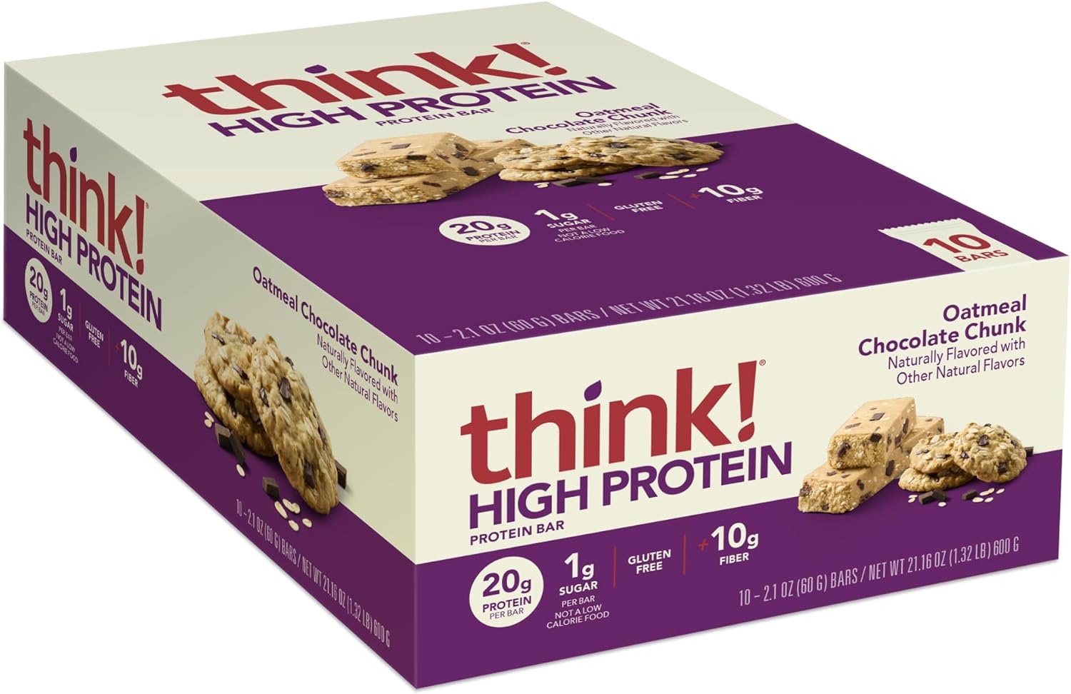 Think! Protein Bars, High Protein Snacks, Gluten Free, Kosher Friendly, Oatmeal Chocolate Chunk, 10 Count