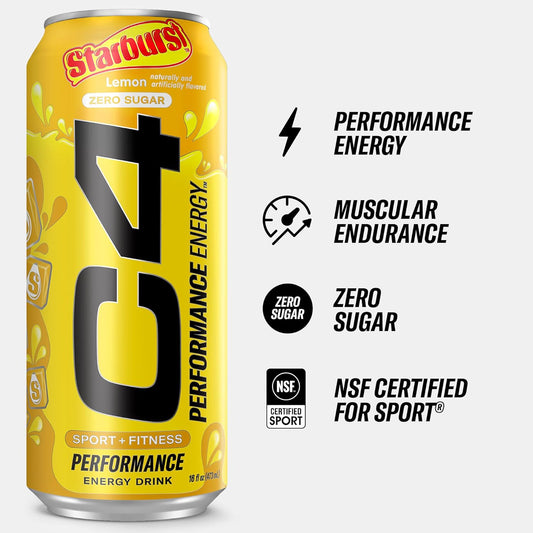 C4 Performance Energy Drink | Starbust™ Lemon | Zero Sugar Carbonated Preworkout Energy | 200Mg Caffeine With Beta Alanine | 16 Fl Oz (12 Pack)