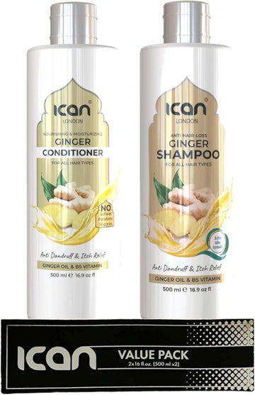 Ican London Ginger Hair Care Set, Anti Hair-Loss Shampoo And Conditioner, 500 Ml, 2-Piece