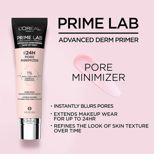 L'Oreal Paris Prime Lab Up To 24H Pore Minimizer Face Primer Infused With Aha, Lha, Bha Complex To Smooth And Extend Makeup Wear, 1.01 Fl Oz