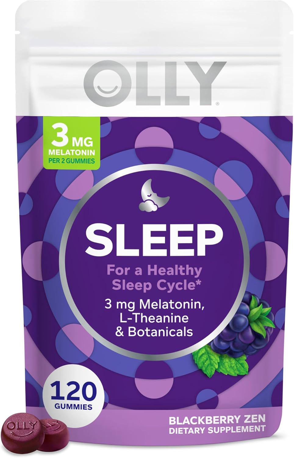 Olly Sleep Gummy, 3 Mg Melatonin, L-Theanine, Chamomile, And Lemon Balm Extracts, Blackberry Flavor, 60 Day Supply - 120 Count (Packaging May Vary)