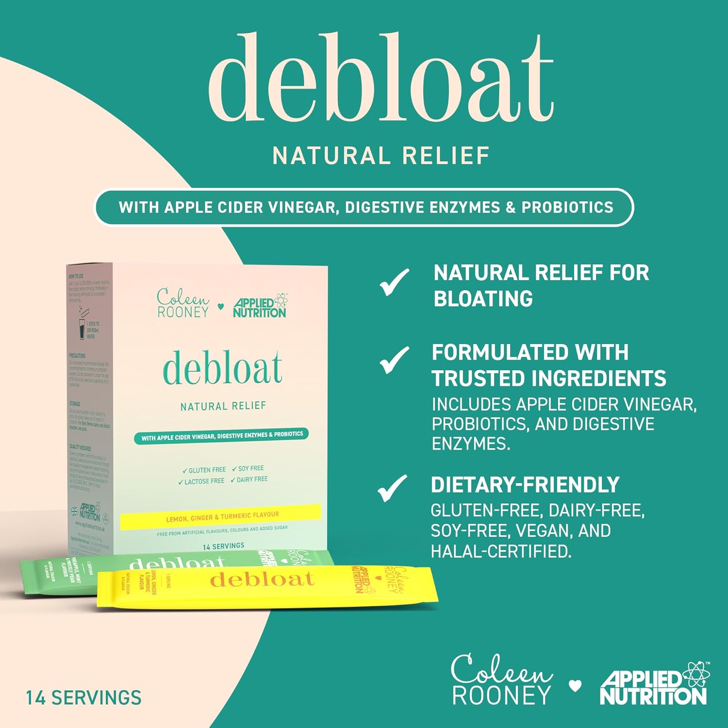 Applied Nutrition - Coleen Rooney - Debloat Powder - Apple Cider Vinegar & Enzymes, Best Digestive Health, Best Vegan Gut Support - Natural Bloating Relief (14 x 9.1g) (Pineapple, Mint & Prickly Pear) : Amazon.co.uk: Health & Personal Care