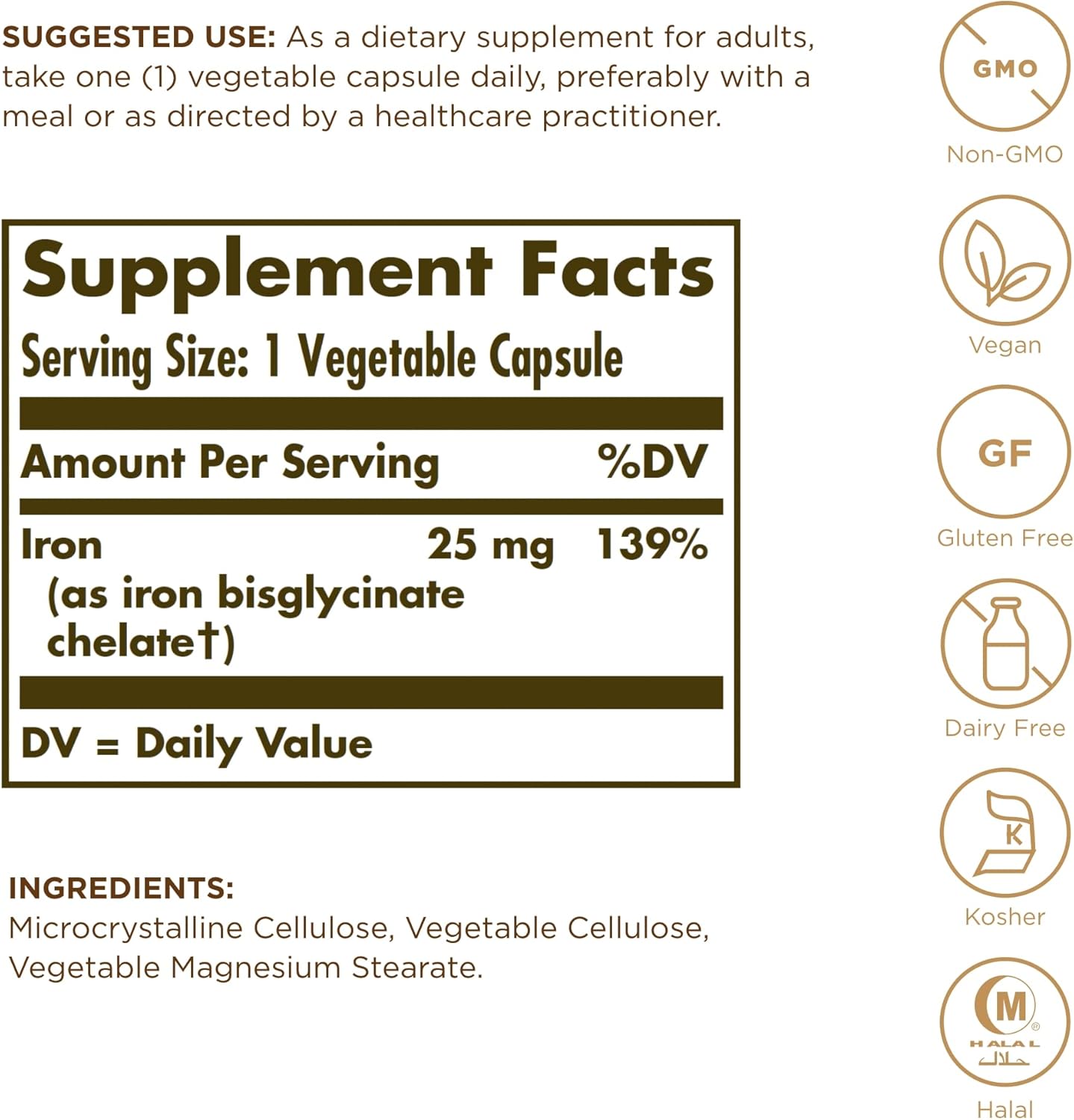 Solgar Gentle Iron (Iron Bisglycinate) 25 Mg - 180 Vegetable Capsules - Non-Constipating, Gentle On Your Stomach - Non-Gmo, Gluten Free - 180 Servings