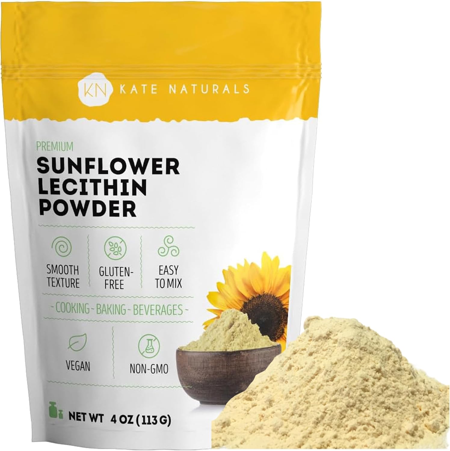 Kate Naturals Sunflower Lecithin Powder For Baking Bread, Gummies, Cooking (4Oz) 100% Natural, Gluten Free, Non-Gmo Substitute For Lecithin Powder For Liposomal Vitamin C, Lactation Supplement