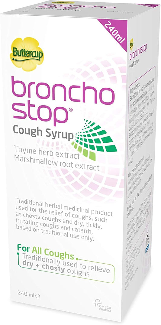 Bronchostop Cough Syrup (240ml) - Relief for Dry or Chesty Coughs - with Natural Thyme Herb and Marshmallow Root Extract - Non Drowsy Cough Medicine That Can Be Diluted & Undiluted - Alcohol Free : Amazon.co.uk: Health & Personal Care