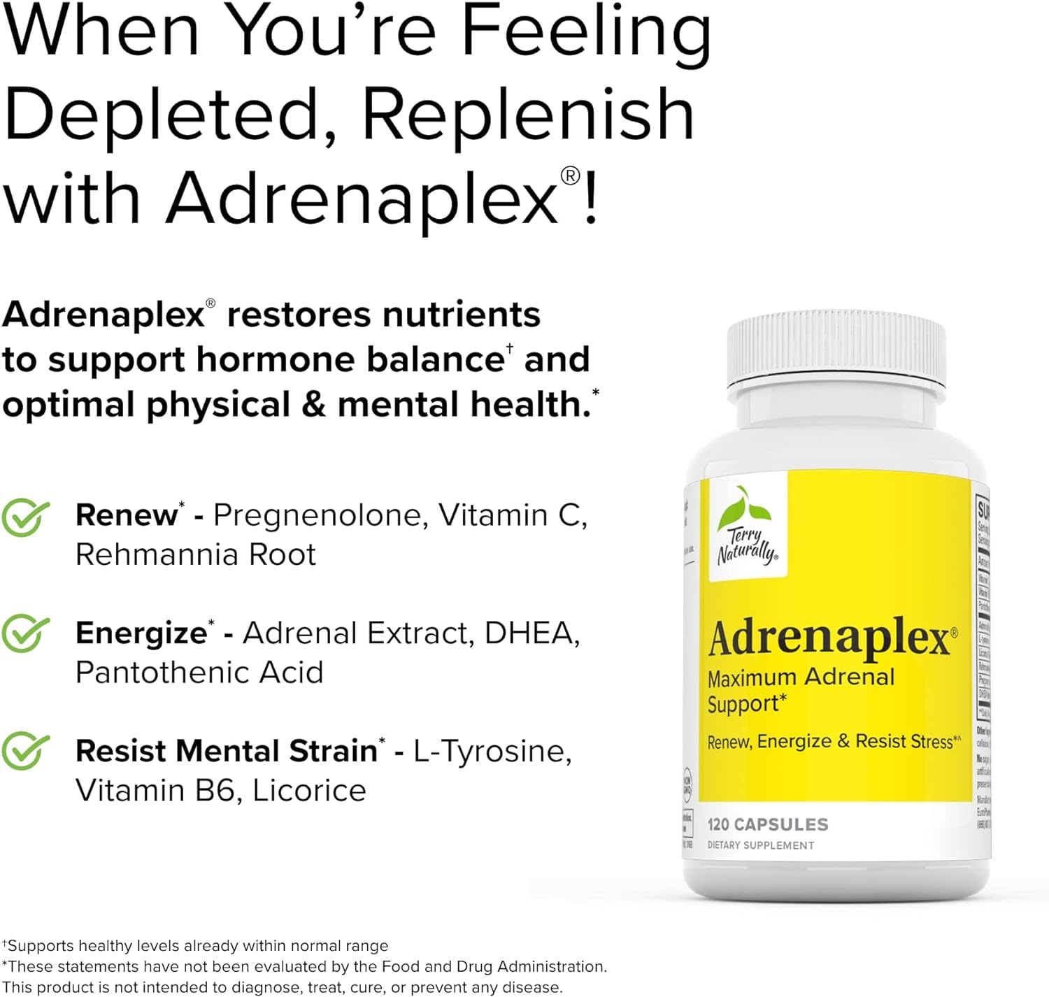 Terry Naturally Adrenaplex - 120 Capsules - Maximum Adrenal Support Supplement, Promotes Daily Energy, Mental Focus & Physical Endurance - Non-GMO, Gluten-Free - 60 Servings