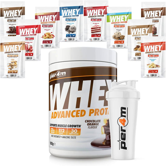 Per4M Advanced Whey Protein Powder | 30 Serving Low Sugar Protein Shake With Amino Acids | Perfect For Your Gym Bag And Travel | Shaker & 5 Mixed Selection Sachets (900G, Sweet & Salty Popcorn)