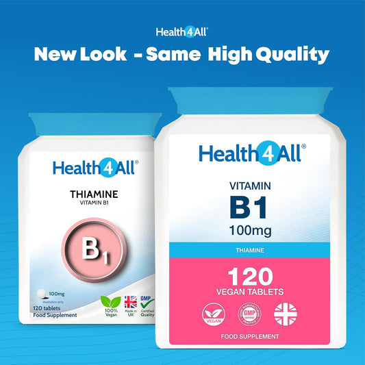 Health4All Vitamin B1 Thiamine 100Mg, 120 Tablets 4 Months Supply, Easy To Swallow Thiamine High Strength Supplement For Heart Health, Nervous System And Metabolism, Vegan | Made In The Uk