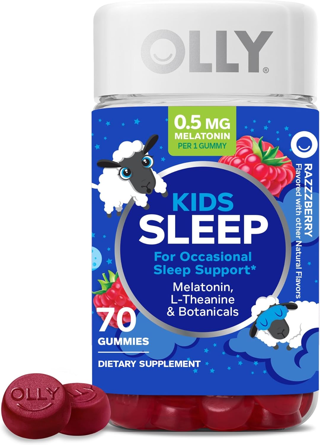 OLLY Kids Sleep Gummy, Occasional Sleep Support, 0.5mg Melatonin, L Theanine, Chamomile, and Lemon Balm, Childrens Chewable Supplement, Raspberry