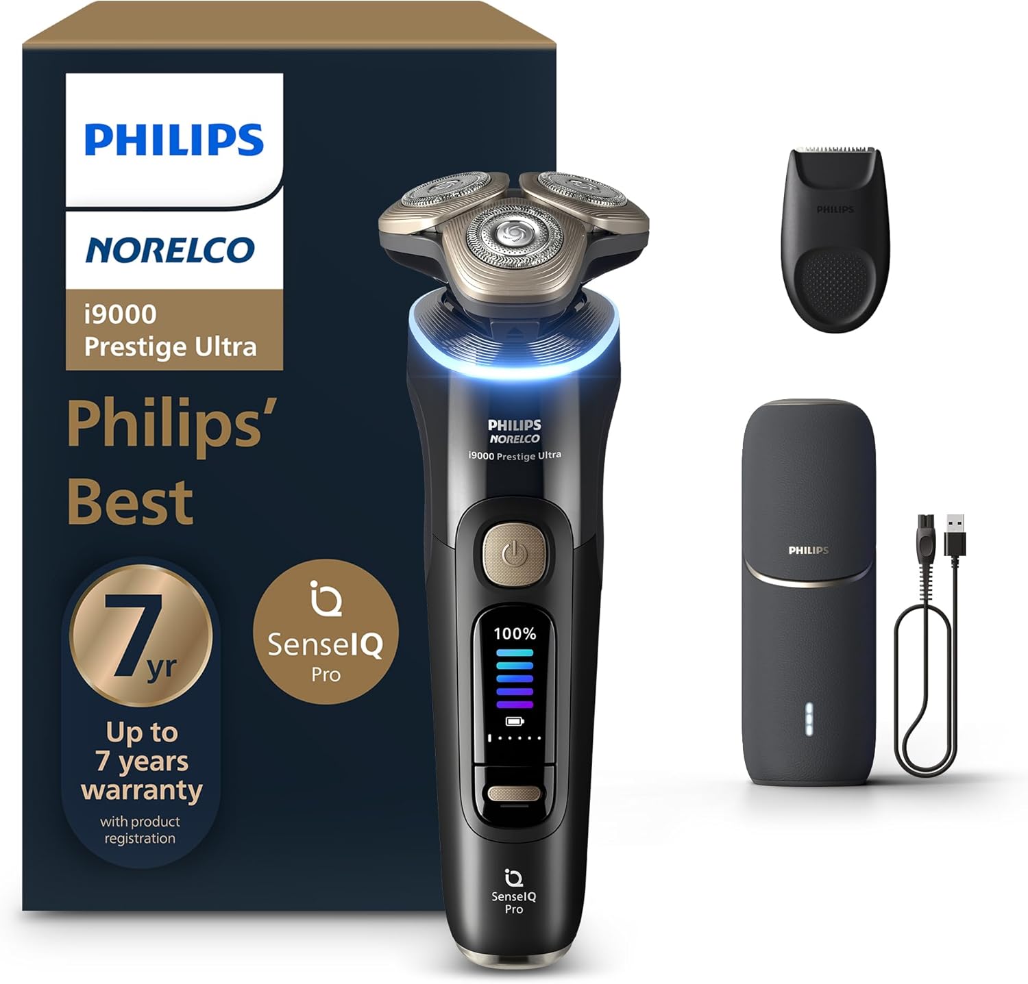 Philips Norelco Shaver I9000 Prestige Ultra, Wet & Dry Electric Shaver, Ink Black, Senseiq Pro Technology, Triple Lift & Cut System, 360 Rotating Nanotech Precision Blades, 5 Shaving Modes, Xp9400/89